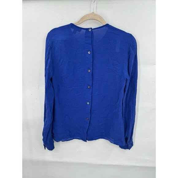 J. Crew 100% Silk Blouse Women 2 Blue Fairy Edwardian Pleated Sheer Embroidered - Picture 2 of 8